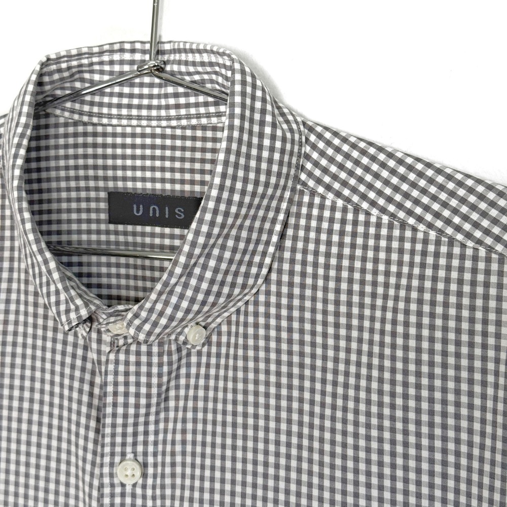 UNIS Mens Small‎ Gray White Gingham Check Button Down Long Sleeve Shirt